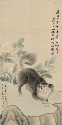 倪田（1855～1919）任预（1853～1901） 1887年作 富贵犬石图 立轴 设色...