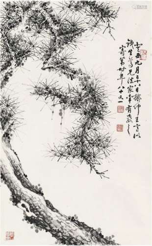 田桓（1893～1982） 1973年作 为胡铁生作 劲松图 镜片 水墨纸本