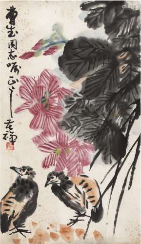 李苦禅（1899～1983） 为曹武作 花间禽趣图 镜片 设色纸本