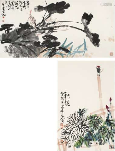 许麟庐（1916～2011） 为曹武作 花卉二帧 镜片 纸本