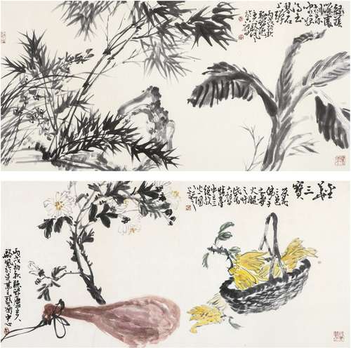 骆风（1930～  ） 2006年作 芭蕉竹石图·金华三宝 （二帧） 镜片 水墨纸...