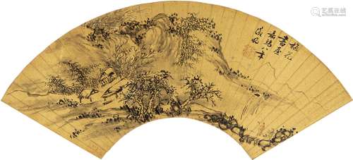 文徵明（1470～1559）（款） 1529年作 梅花书屋图 扇页 设色泥金纸本