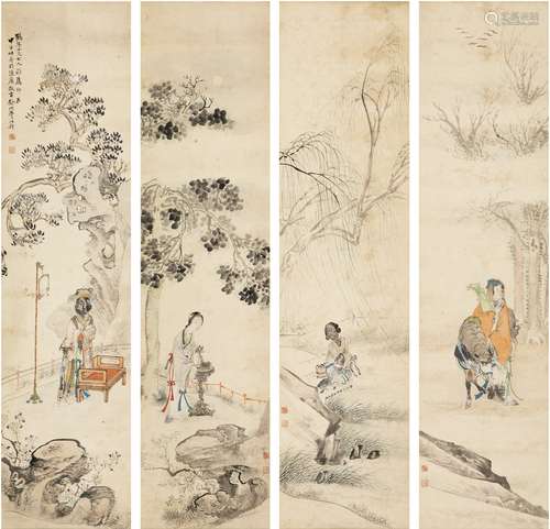 费以耕（？～1870） 1864年作 人物故事四屏 四屏 设色纸本