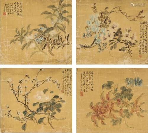 潘振镛（1852～1921） 1888年作 花卉四种 镜片（四帧） 设色绢本