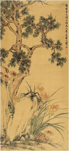 钱聚朝（1806～1860） 1851年作 松石芝兰图 立轴 设色绢本