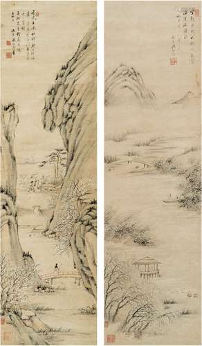 汤贻汾（1778～1853） 1832年作 山水对屏 对屏 设色纸本