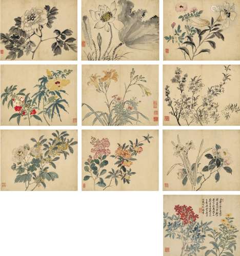 杨晋（1644～1728） 1719年作 杂花册 册页（十页） 设色纸本·水墨纸本