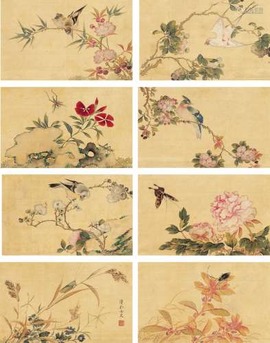 恽冰（1723～1795） 花鸟虫趣杂册 册页（八页） 设色绢本