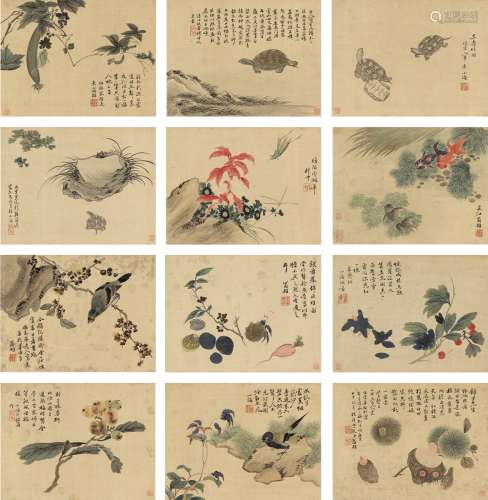 翁小海（1790～1849） 1833年作 花鸟草虫册 册页（十二页） 设色绢本·...