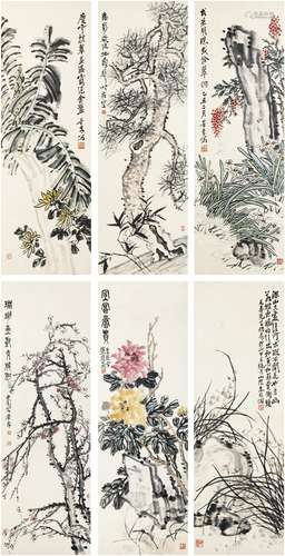 李苦李（1877～1929） 花卉屏风 （六帧） 屏风 设色纸本