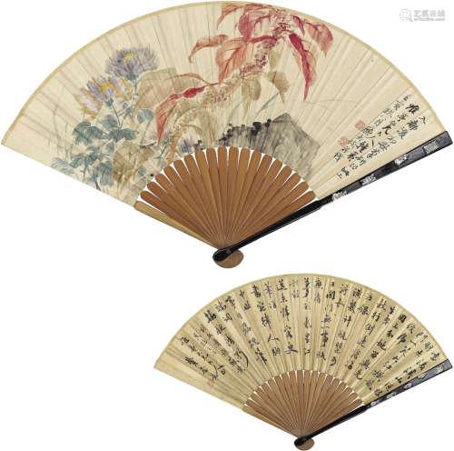 陆恢（1851～1920）费念慈（1855～1905） 花卉·书法 成扇 洒金纸本、设色...