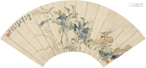 任伯年（1840～1895） 1881年作 花卉虫趣图 扇页 设色纸本