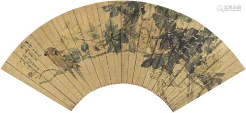 任伯年（1840～1895）1882年作 花枝栖禽图 扇页 设色泥金纸本