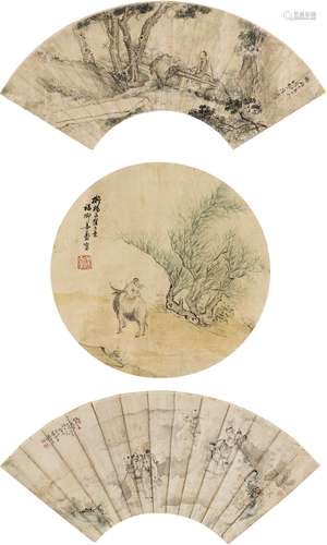 姜焘（1812～1850）等 花鸟人物 （三帧） 扇页 设色纸本·设色绢本