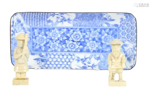 Chinese B & W Tray, (2) Stone Figures