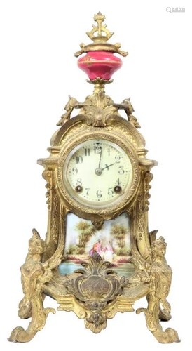 French Gilt Bronze Clock, Porcelain Plaque