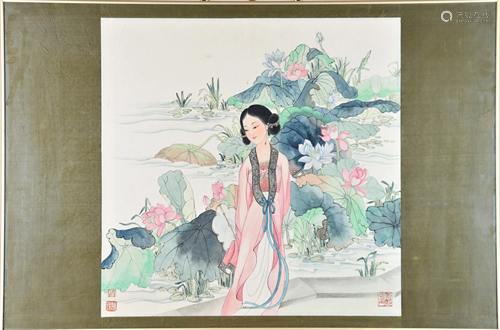 Woodblock Print of a Maiden in Nature