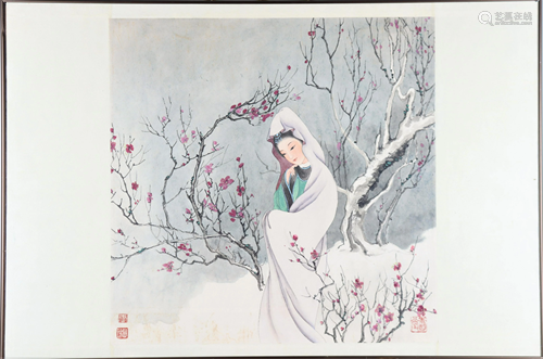 Woodblock of Asian Maiden Among Cherry Blossoms