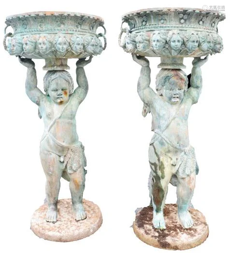 Pair of 20th Century Bronze Cherubim Planters