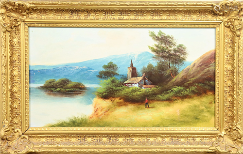 19th C English Figural Mountain Landscape, O/Panel