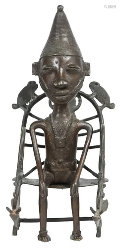 Bronze Tribal Chief Figure Seated in Bronze Chair