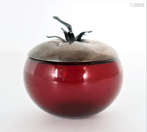 Signed Hawkes 'Apple' Jar w. Silver Apple Stem Lid