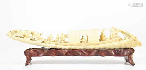 Chinese Carved Bone Ship on Base