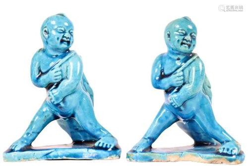 Pair of Chinese Blue Glazed Figures