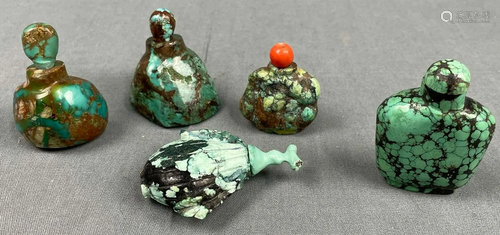 5 snuff bottles. Probably China antique. Turquoise,