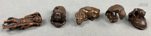 5 netsuke. Probably Japan antique. Carved hardwood. 4 x