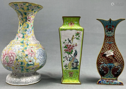 3 vases. Also cloisonné, enamel. Probably Japan,