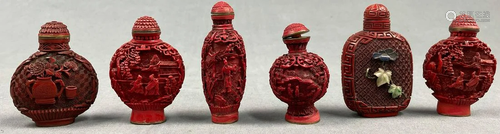 6 snuff bottles. Probably China, red lacquer, antique.