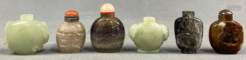 6 snuff bottles. Stone, Jade? Carved. Probably China