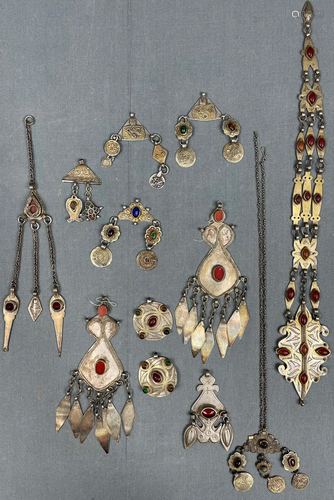 Collection of old Turkmen jewelry. Central Asia.