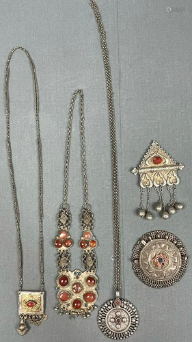 5 pieces of old Turkmen jewelry. Proably mostly silver.