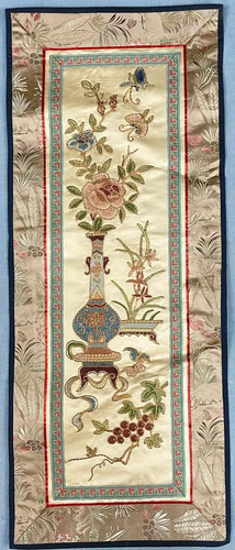 Fine embroidery. Textile also silk. Probably China