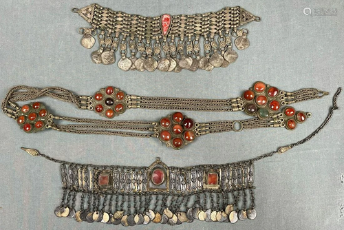 3 Large pieces of Turkmen jewelry. Belt and 2 hangings.