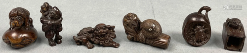 6 netsuke, figures. Carved hardwood. Partly signed?