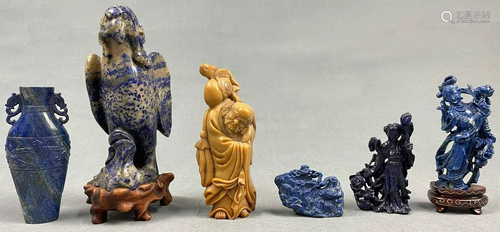 6 carvings. Stone. Probably also Lapis Lazuli. Proably