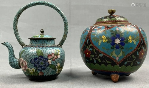 Vessel and jug with lids. Cloisonne. Probably China,