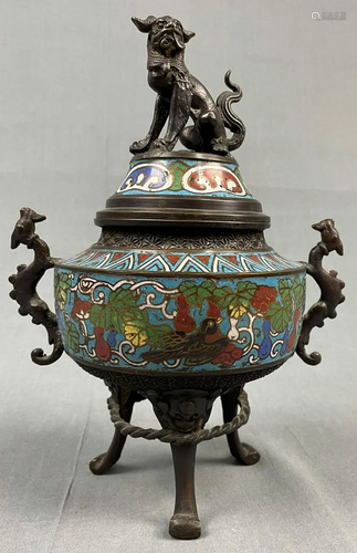 Incense burner with cloisonné on 3 feet.