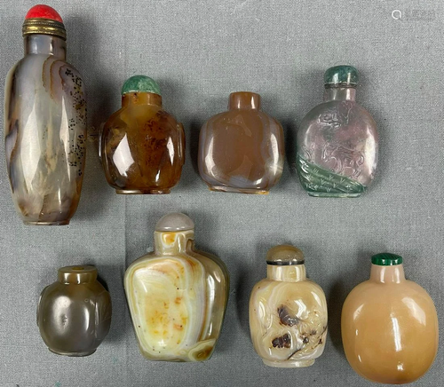 8 snuff bottles. Probably stone, China antique.