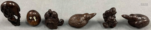 6 netsuke, figures. Carved hardwood. Partly signed?