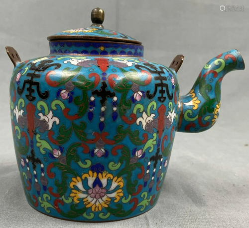 Cloisonné jug with lid. Characters. Probably