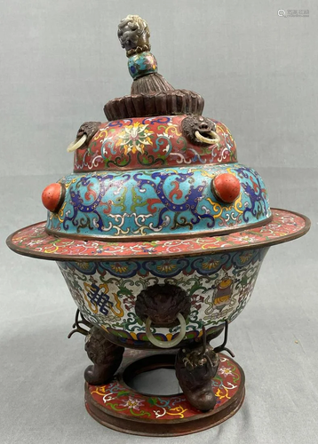 Cloisonné lidded vessel. Probably China, Japan