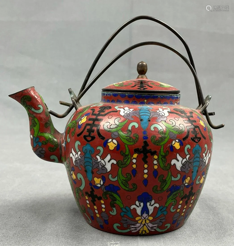 Cloisonné jug with lid. Red ground. Probably