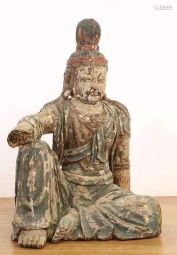 China, polychroom beschilderde houten Guanyin met opgetrokke...