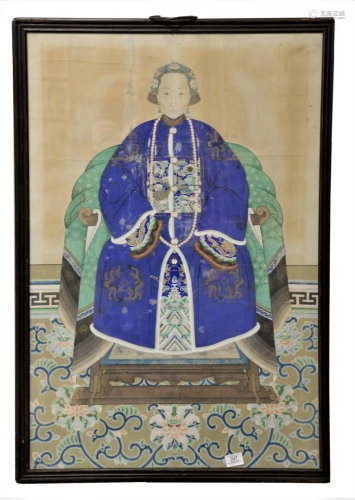 Chinese Ancestor Portrait wearing a blue robe with