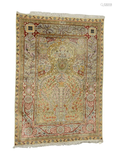 Silk Oriental Prayer Rug with metal threading, 3' 7