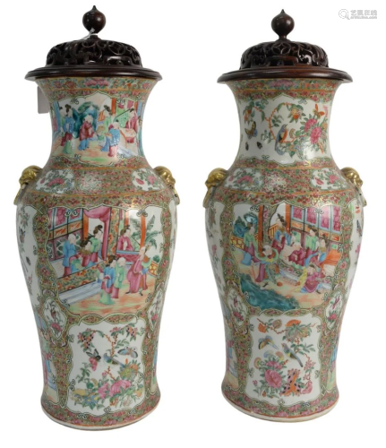 Pair of Rose Medallion Vases having painted panels with